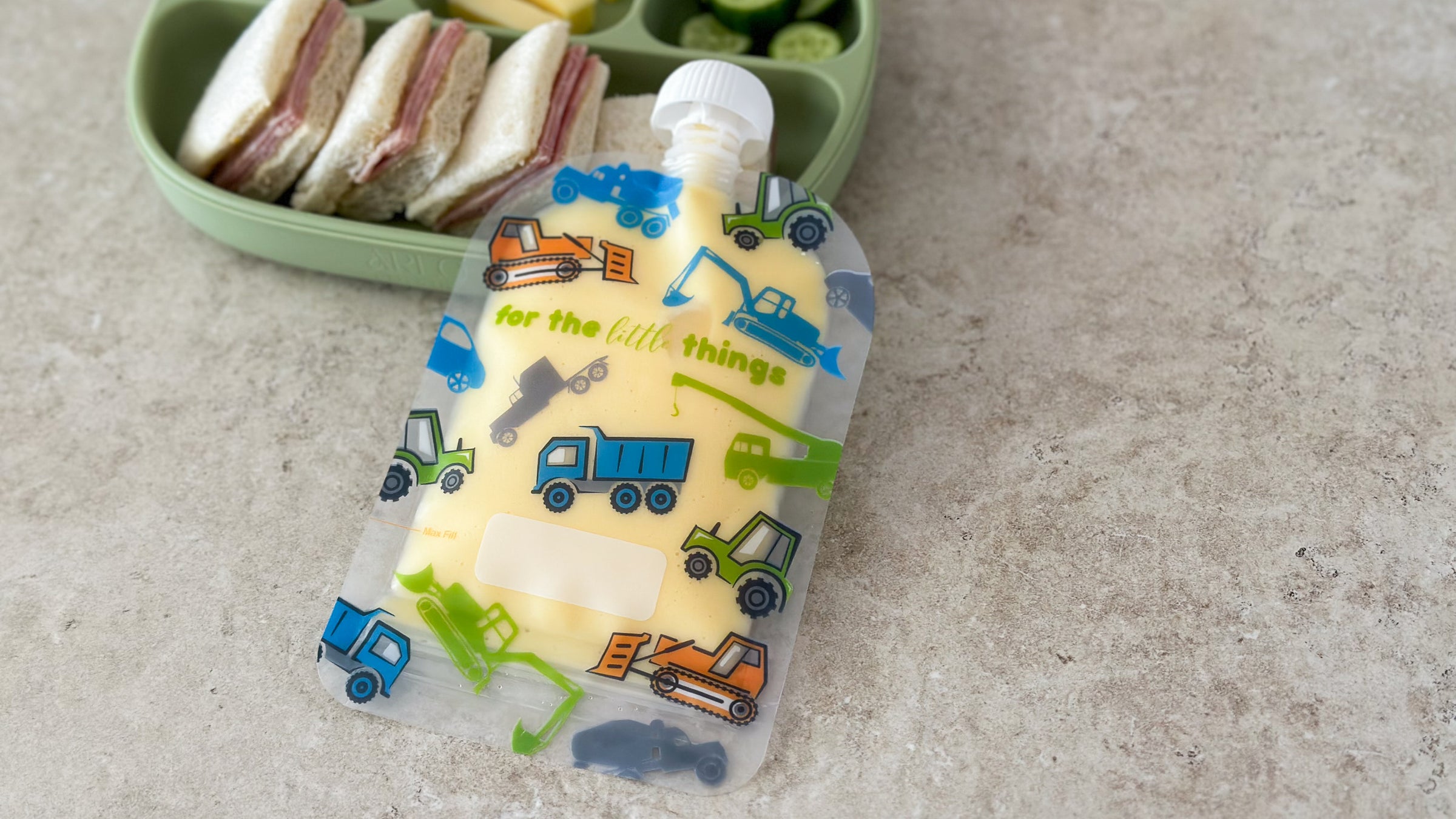 Trucks and diggers reusable food pouch